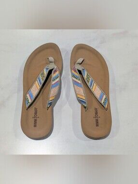 Minnetonka Tan Footbed Flip Flops with Multicolor Patterned Straps